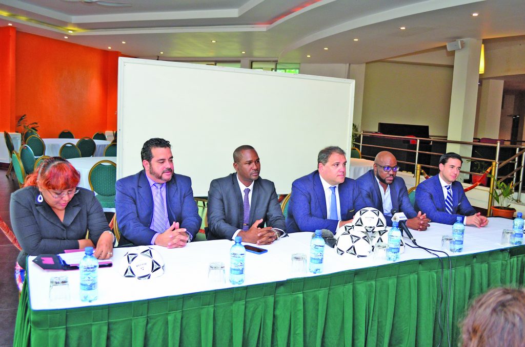 The members of the head table at the Press conference at the Guyana Pegasus on Tuesday. From left; President of Aruba Football Federation Richard Dijkhoff, President of Guyana Football Federation Wayne Forde, President of CONCACAF Victor Montagiani, President of St Marteen Football Federation Fabrice Baly and Director of Member Associations and Legal Affairs of CONCACAF Marco Leal 