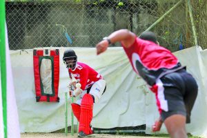 Jason Mohammed taking a knock in the nest ahead of Friday’s match at the Queen’s Park Oval