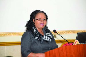 Minister Volda Lawrence delivering remarks at the Regional Health Officers’ Meeting 2017