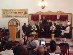 President Granger addressing the congregation during the observance of the 130th Anniversary of Adventism in Guyana 
