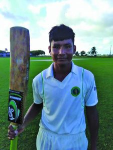 Sheldon Charles after scoring his second century on Tuesday at the Imam Bacchus Cricket Club Ground 