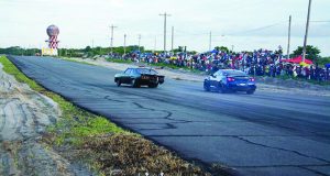 Azurdeen Mohammed’s Nissan GT-R (right) takes on Suriname’s Chevrolet Nova during an earlier round of Drags in Guyana (Sean Charles photo) 