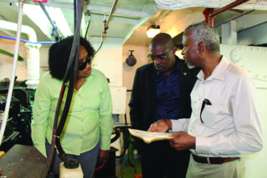 Public Infrastructure Ministers, David Patterson and Annette Ferguson being given a tour of the newly refurbished MV Barima by contractor Courtney Benn 